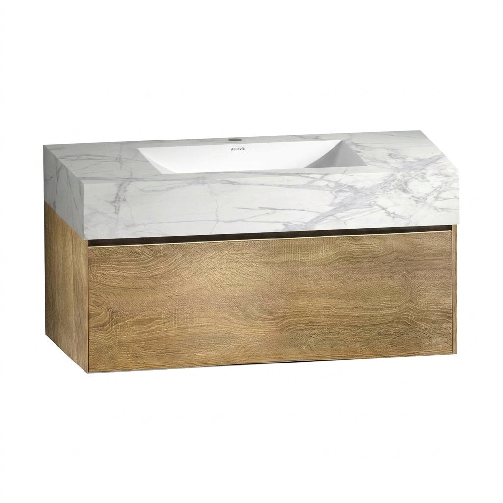 40" Seamless Stone Top with Light Oak Floating Bathroom Vanity - VanityIce Grey