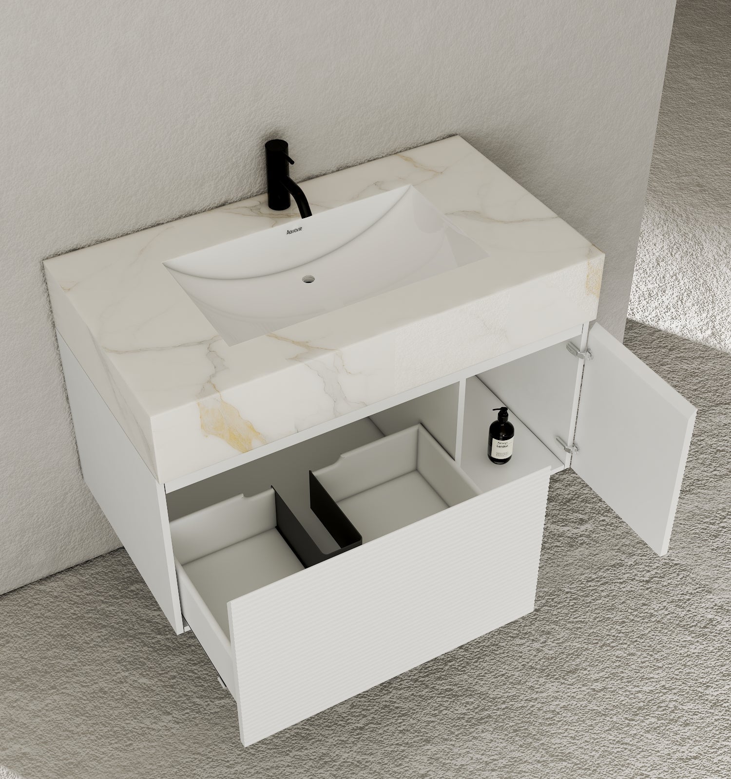 40" Seamless Stone Top with White Fluted Engineered Wood Floating Bathroom Vanity - Vanity40"