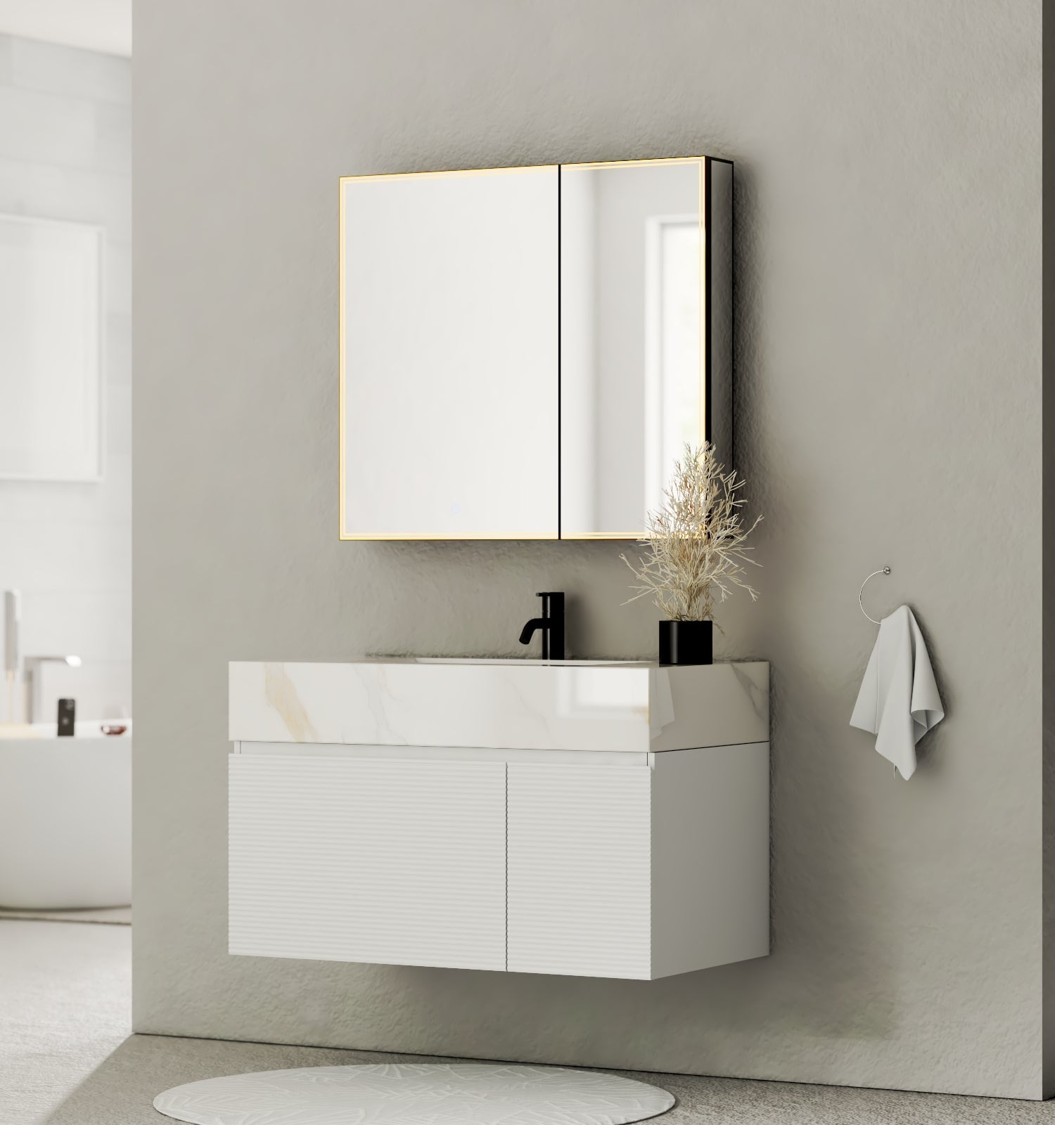 40" Seamless Stone Top with White Fluted Engineered Wood Floating Bathroom Vanity - Vanity40"