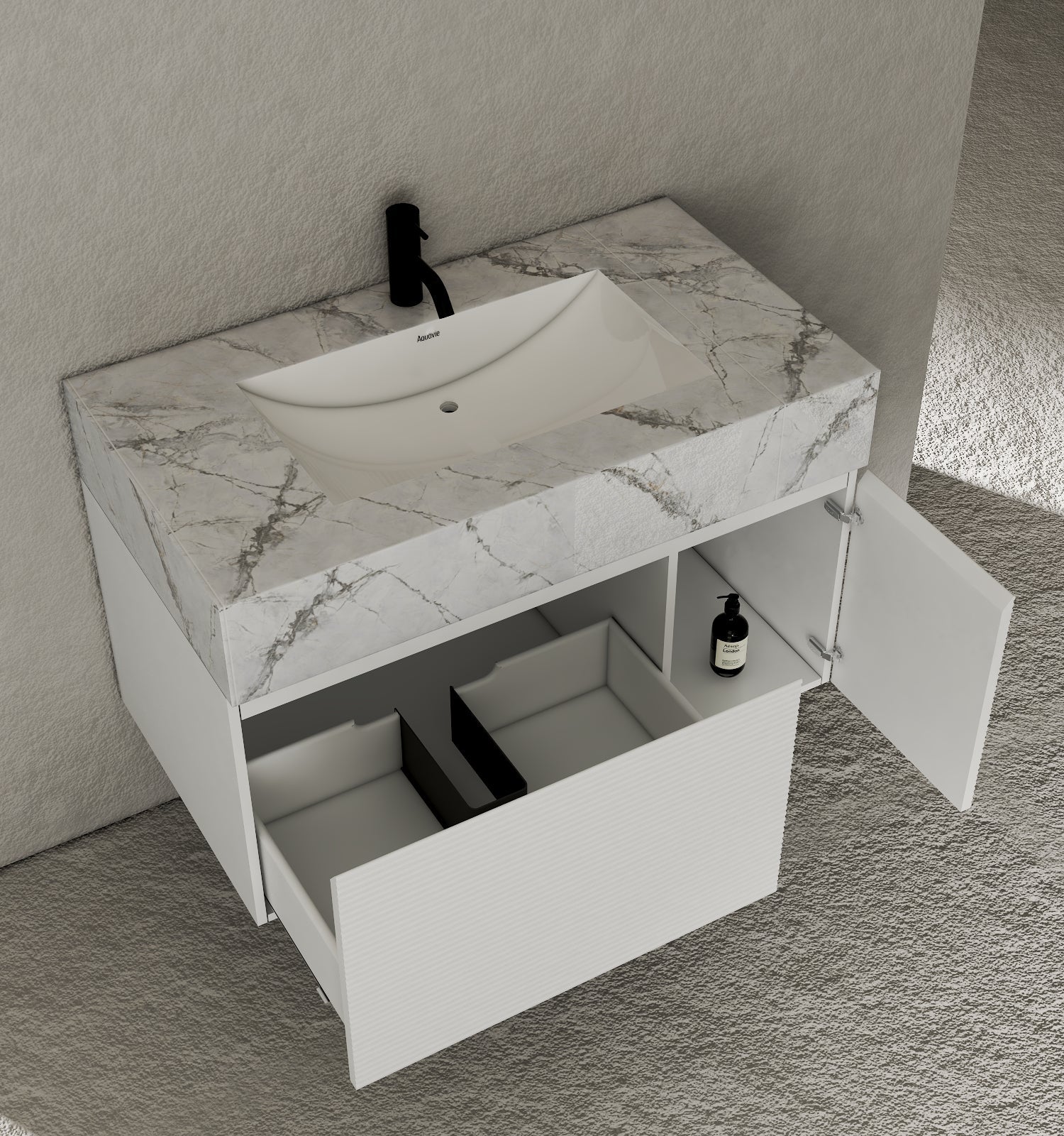 40" Seamless Stone Top with White Fluted Engineered Wood Floating Bathroom Vanity - Vanity40"