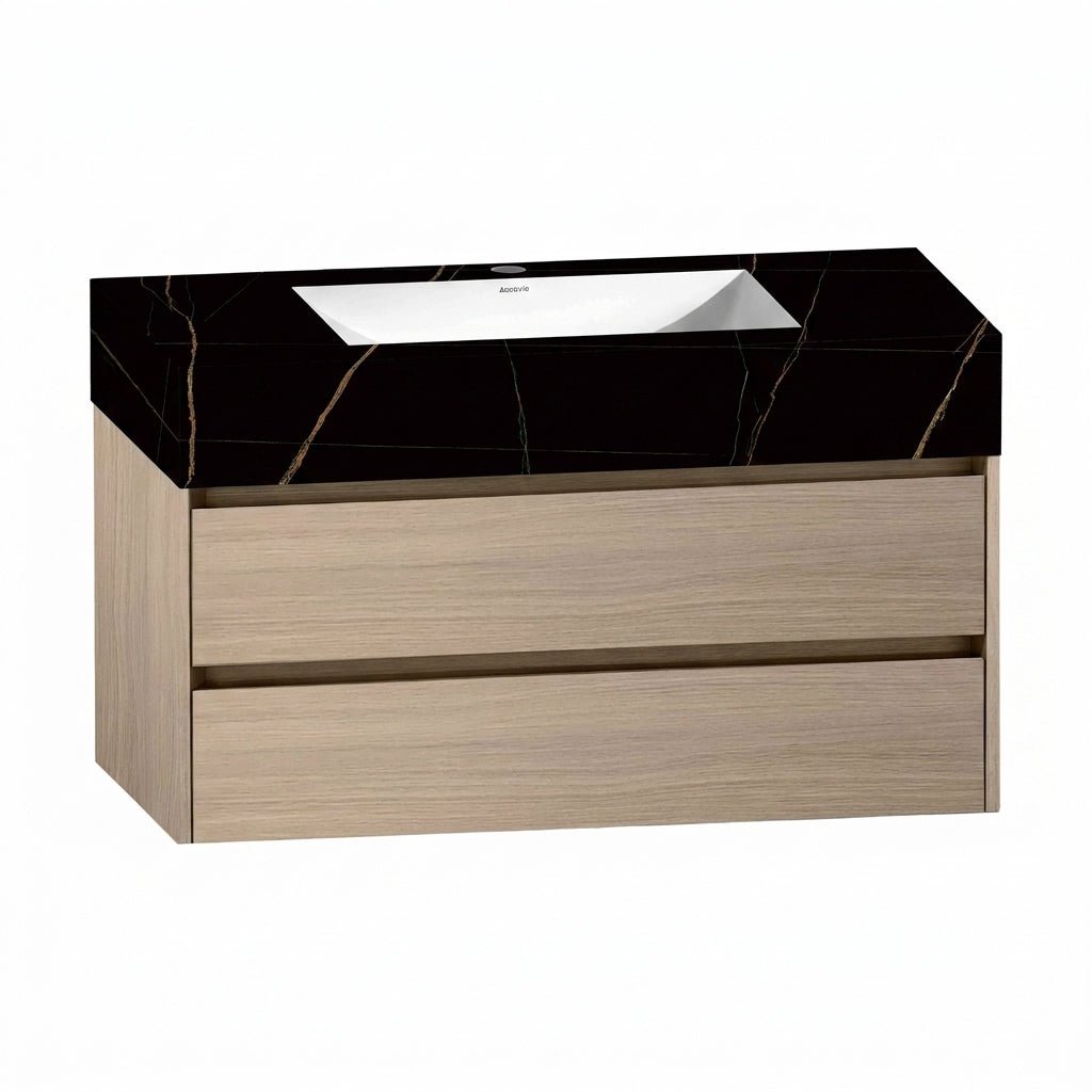 40" Sintered Stone Top with 2 Drawers Floating Bathroom Vanity - VanityBlack Marquina Gold Veins