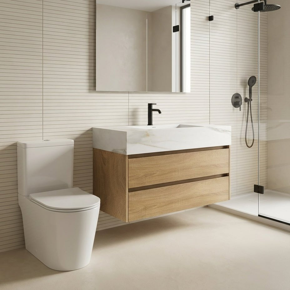 40" Sintered Stone Top with 2 Drawers Floating Bathroom Vanity - VanityCalacatta Gold