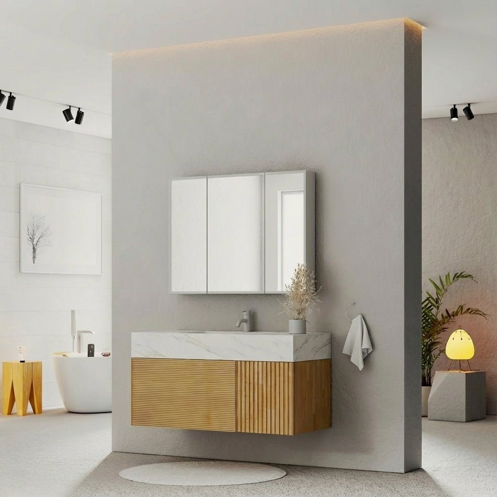 40" Stone Top with Oak Engineered Wood Floating Bathroom Vanity - Vanity40"