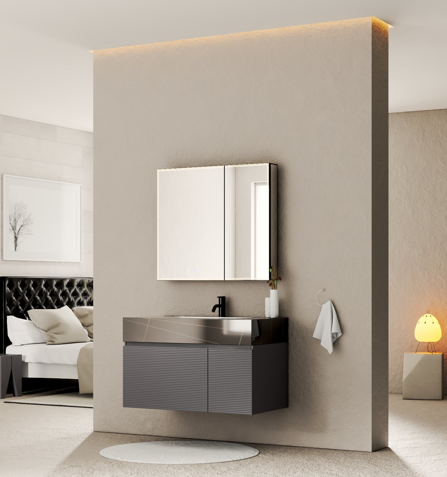 40''/32'' Stone Top with Dark Gray Engineered Wood Floating Bathroom Vanity - Vanity40" NeoNova Decor