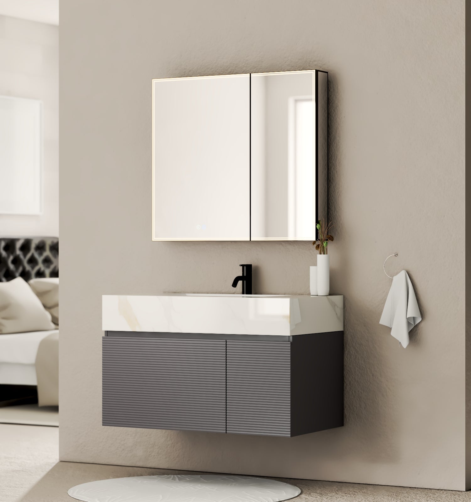 40''/32'' Stone Top with Dark Gray Engineered Wood Floating Bathroom Vanity - Vanity40" NeoNova Decor