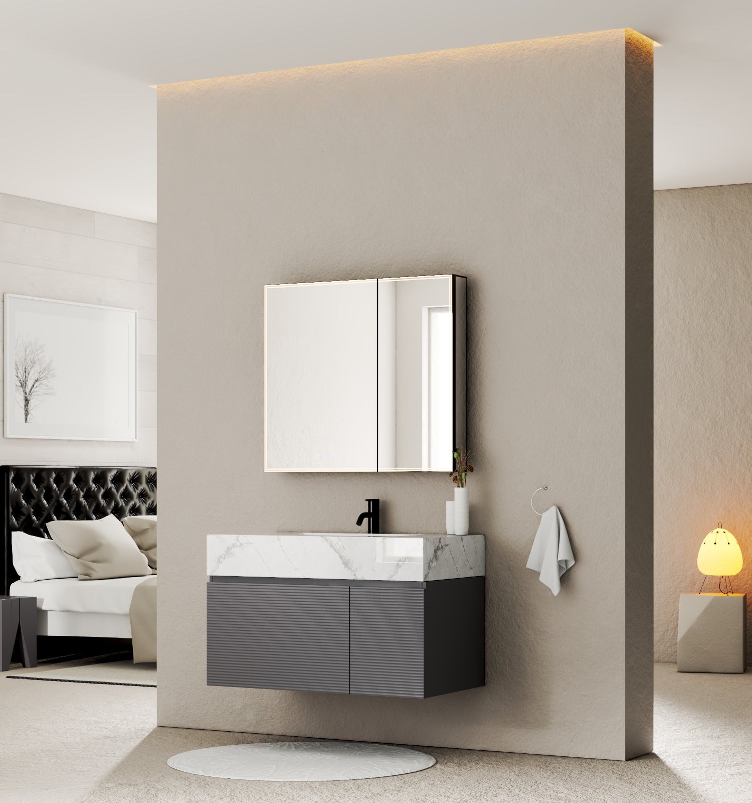 40''/32'' Stone Top with Dark Gray Engineered Wood Floating Bathroom Vanity - Vanity40" NeoNova Decor