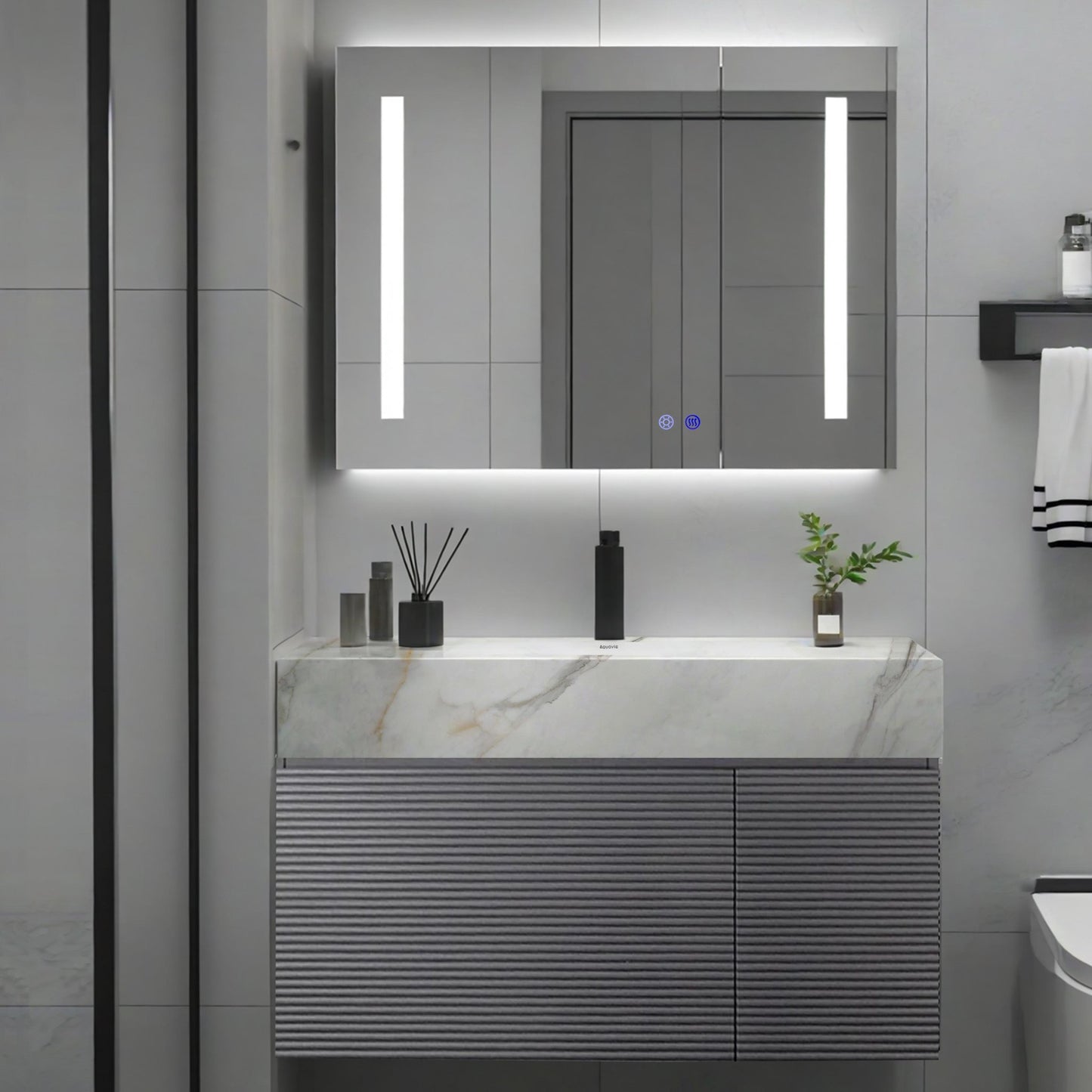 40''/32'' Stone Top with Gray Engineered Wood Floating Bathroom Vanity - Vanity40"x21.5" NeoNova Decor