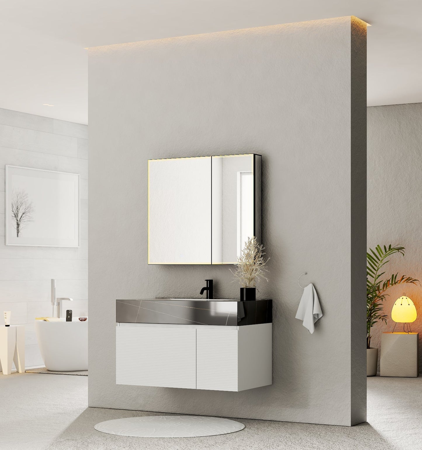 40''/48'' Seamless Stone Top with White Fluted Engineered Wood Floating Bathroom Vanity - Vanity48"x21.5" NeoNova Decor