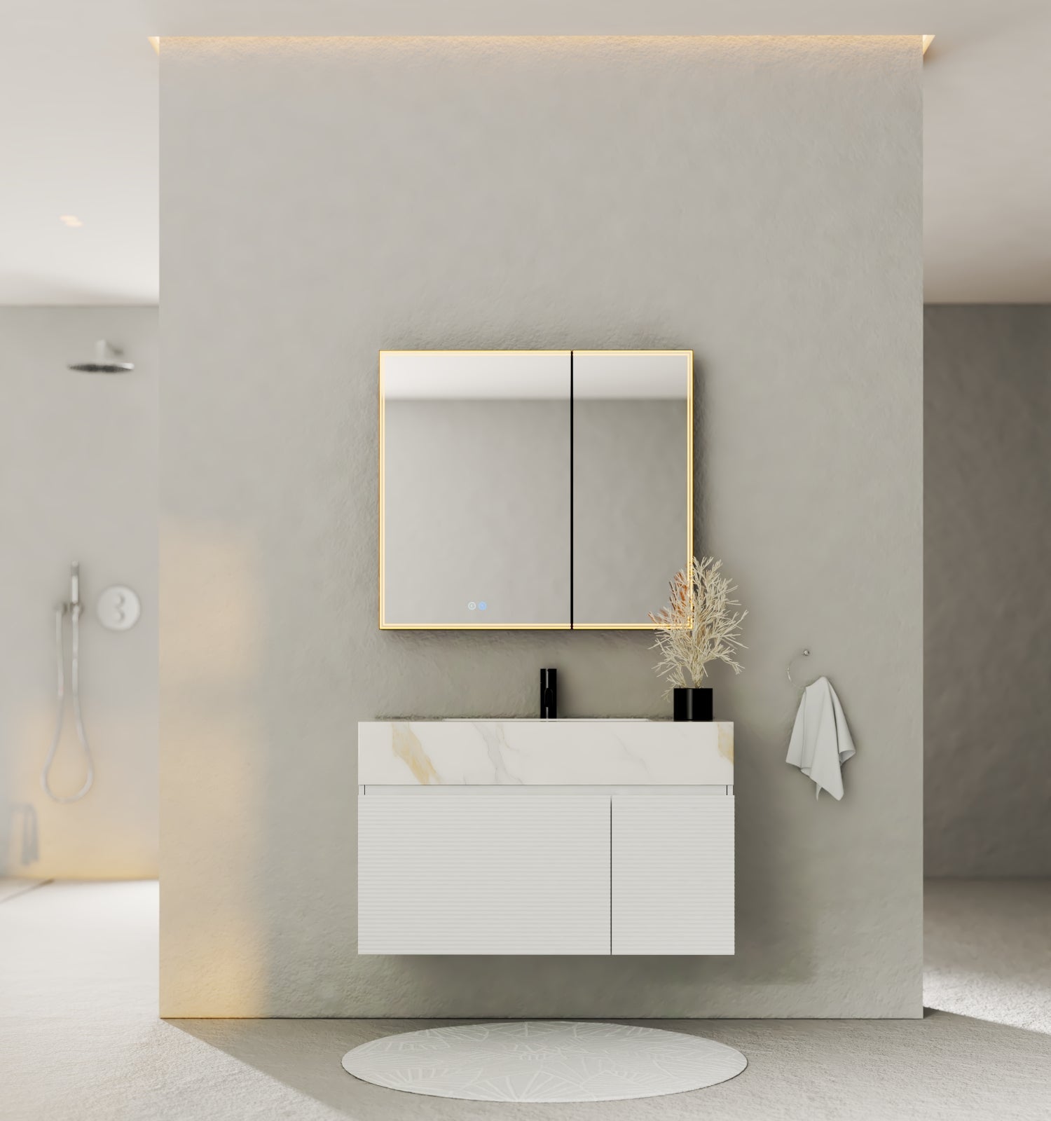 40''/48'' Seamless Stone Top with White Fluted Engineered Wood Floating Bathroom Vanity - Vanity48"x21.5" NeoNova Decor