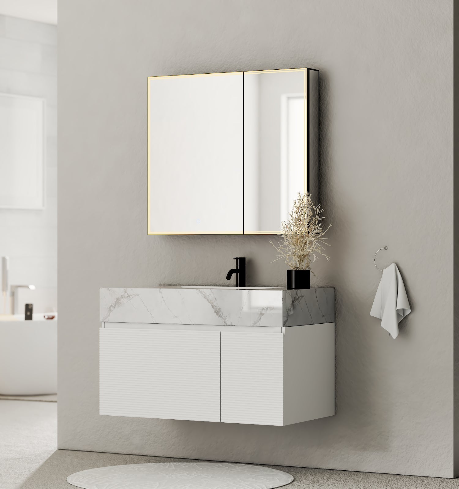 40''/48'' Seamless Stone Top with White Fluted Engineered Wood Floating Bathroom Vanity - Vanity48"x21.5" NeoNova Decor