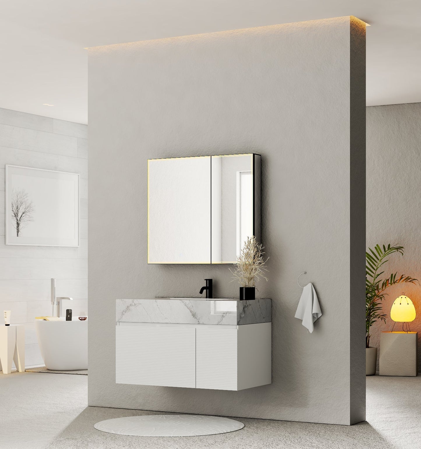 40''/48'' Seamless Stone Top with White Fluted Engineered Wood Floating Bathroom Vanity - Vanity48"x21.5" NeoNova Decor