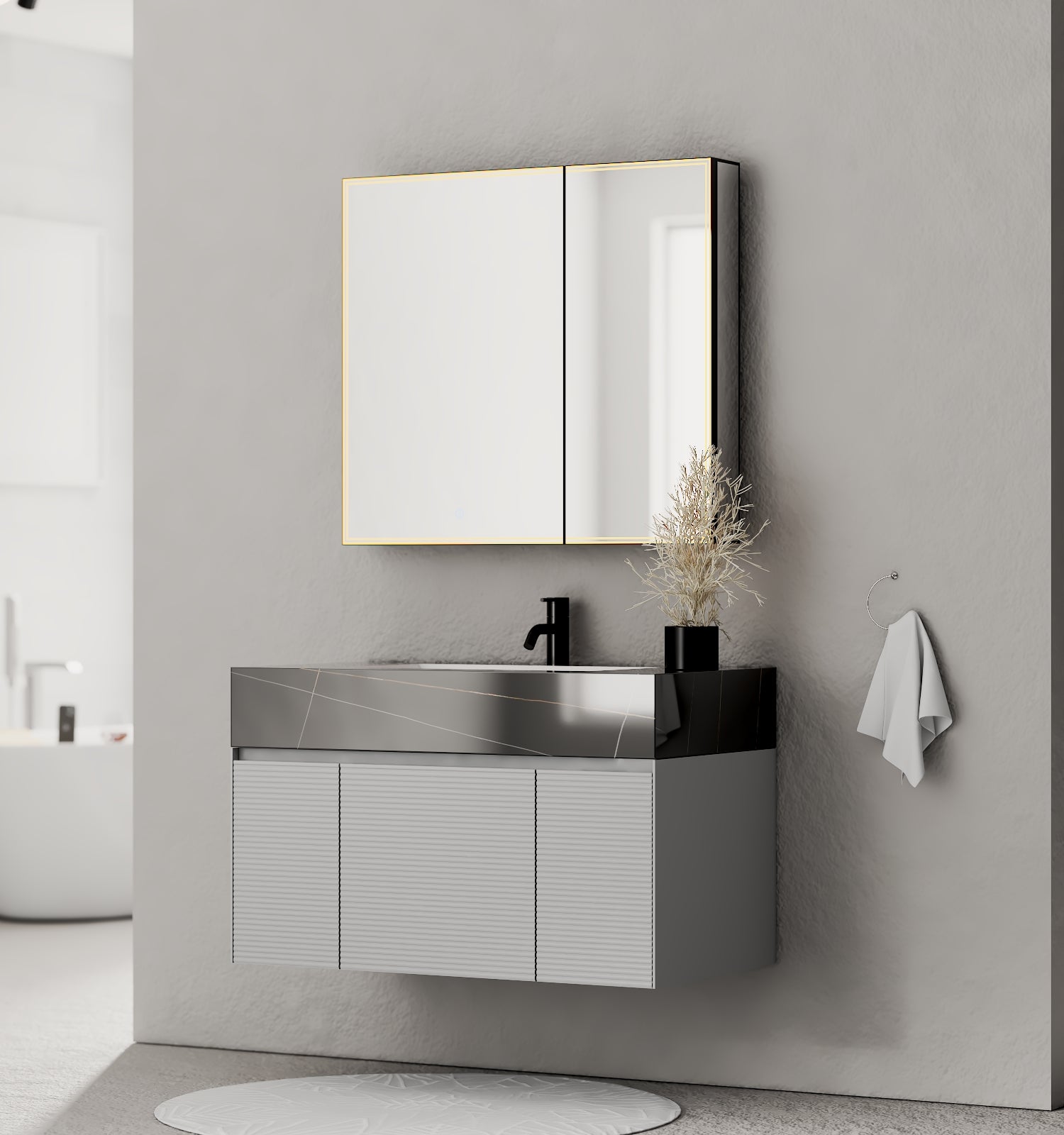 40''/48'' Stone Top with Light Gray Engineered Wood Floating Bathroom Vanity - Vanity40"x22" NeoNova Decor