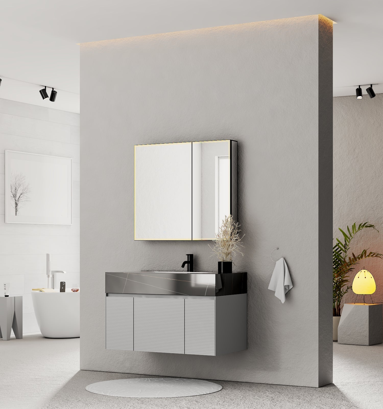 40''/48'' Stone Top with Light Gray Engineered Wood Floating Bathroom Vanity - Vanity40"x22" NeoNova Decor