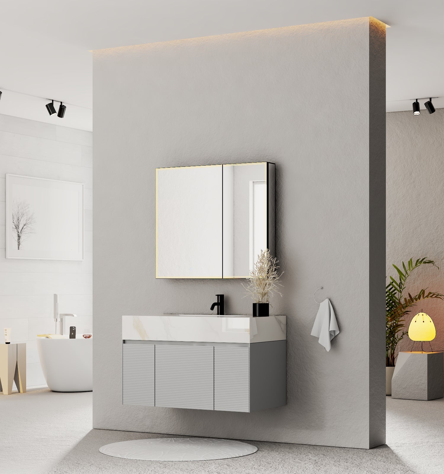 40''/48'' Stone Top with Light Gray Engineered Wood Floating Bathroom Vanity - Vanity40"x22" NeoNova Decor
