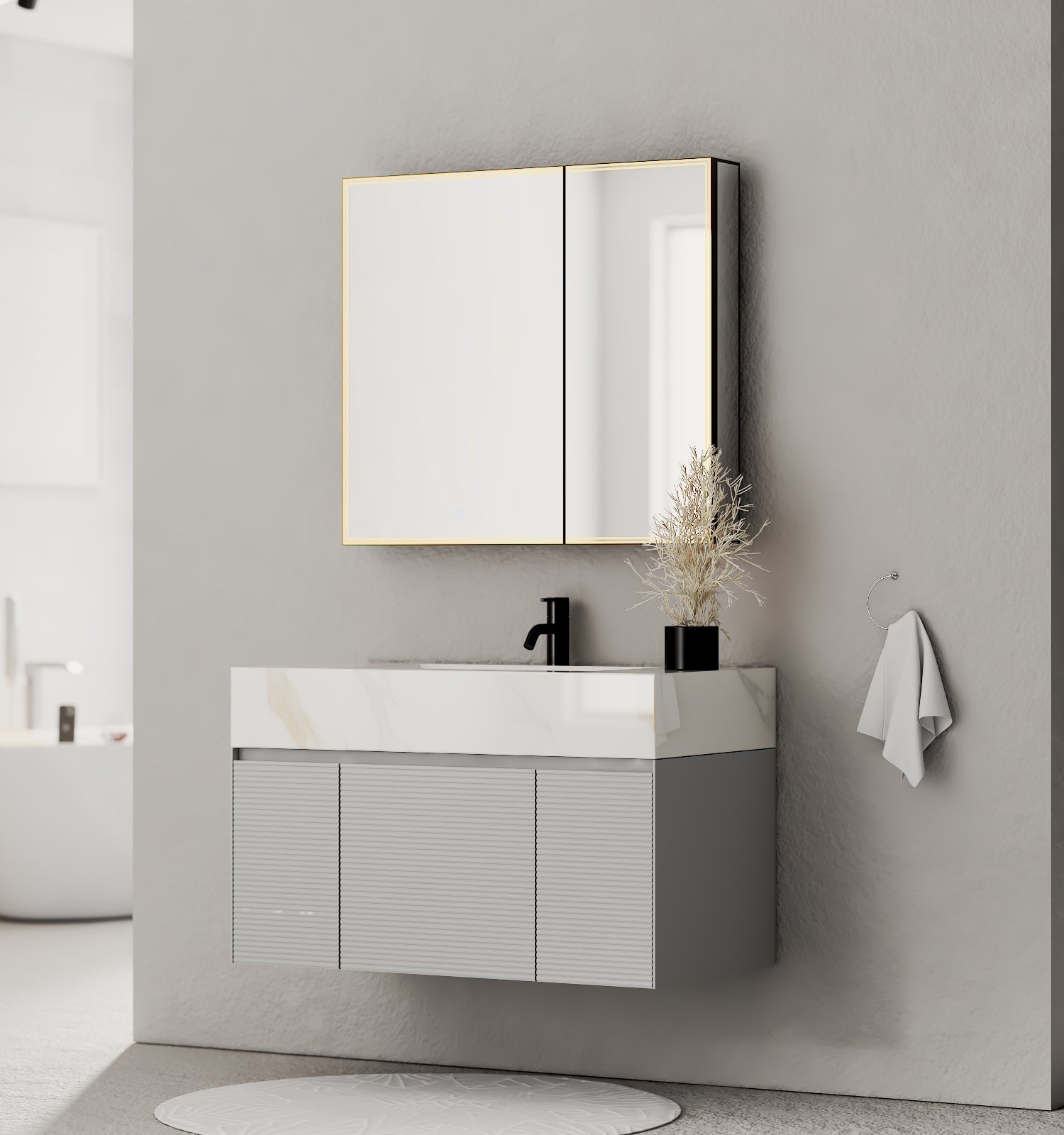 40''/48'' Stone Top with Light Gray Engineered Wood Floating Bathroom Vanity - Vanity40"x22" NeoNova Decor