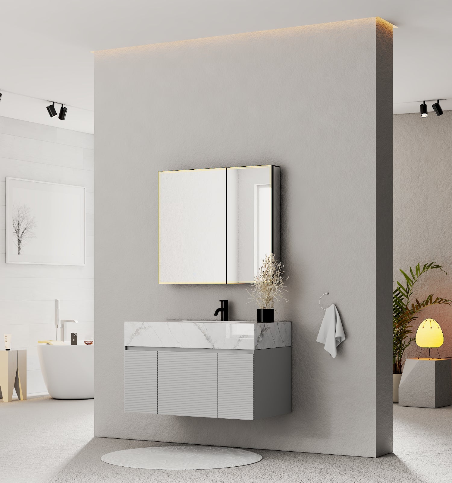 40''/48'' Stone Top with Light Gray Engineered Wood Floating Bathroom Vanity - Vanity40"x22" NeoNova Decor