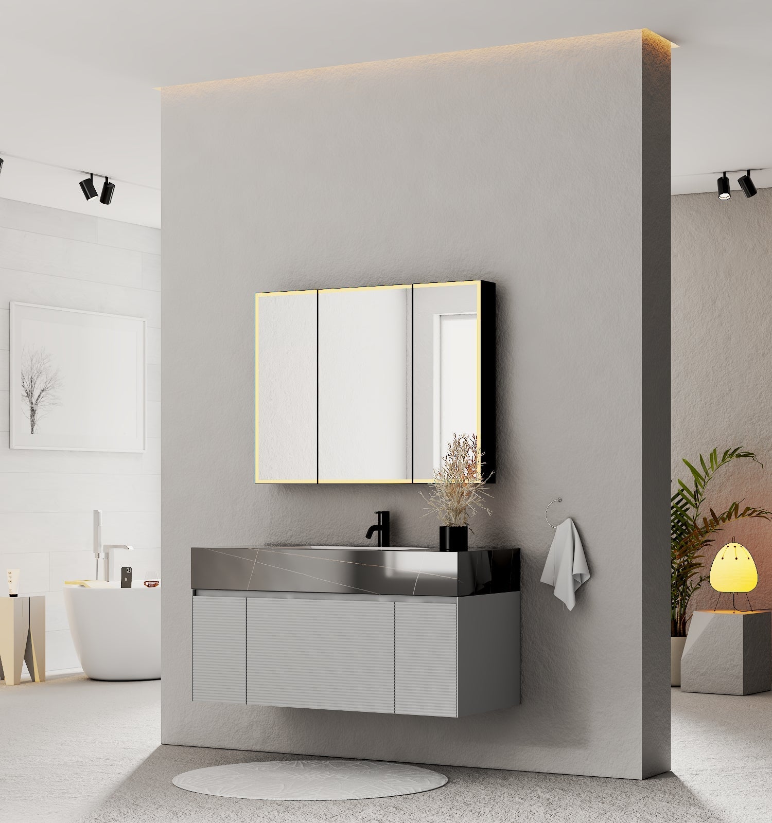 40''/48'' Stone Top with Light Gray Engineered Wood Floating Bathroom Vanity - Vanity48"x22" NeoNova Decor