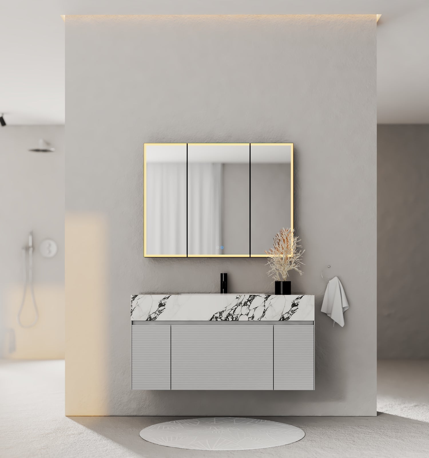 40''/48'' Stone Top with Light Gray Engineered Wood Floating Bathroom Vanity - Vanity48"x22" NeoNova Decor