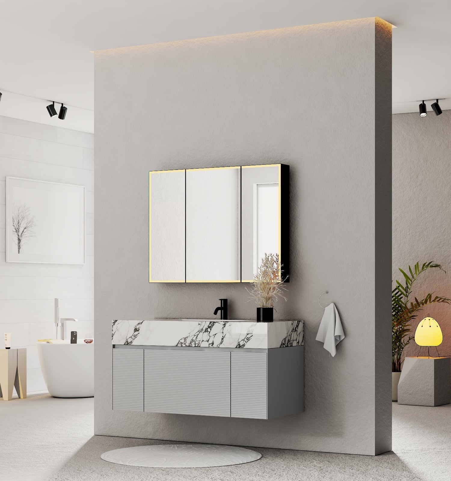 40''/48'' Stone Top with Light Gray Engineered Wood Floating Bathroom Vanity - Vanity48"x22" NeoNova Decor