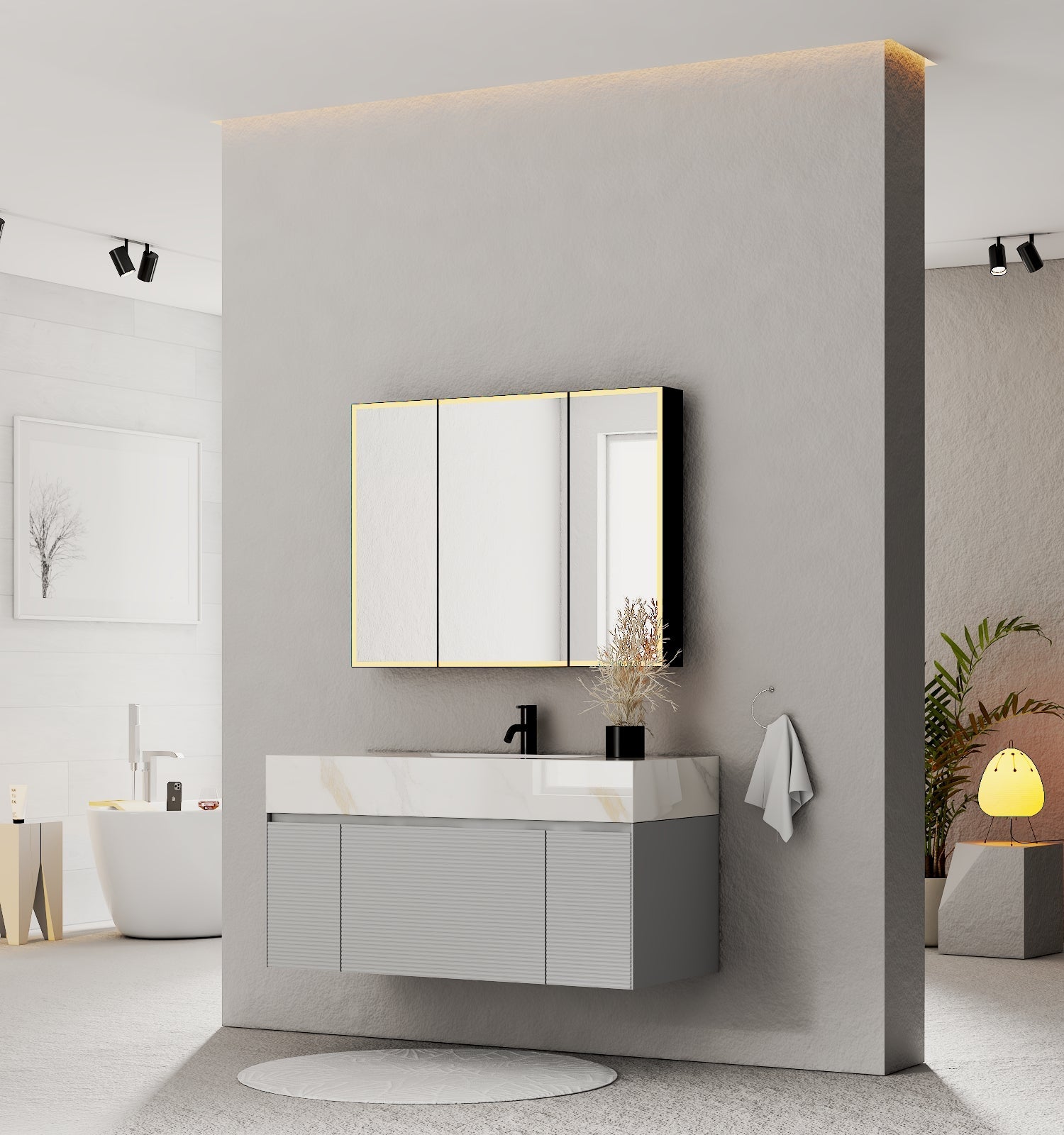 40''/48'' Stone Top with Light Gray Engineered Wood Floating Bathroom Vanity - Vanity48"x22" NeoNova Decor