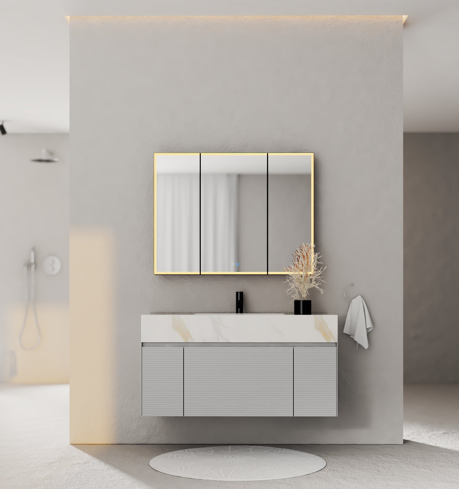 40''/48'' Stone Top with Light Gray Engineered Wood Floating Bathroom Vanity - Vanity48"x22" NeoNova Decor