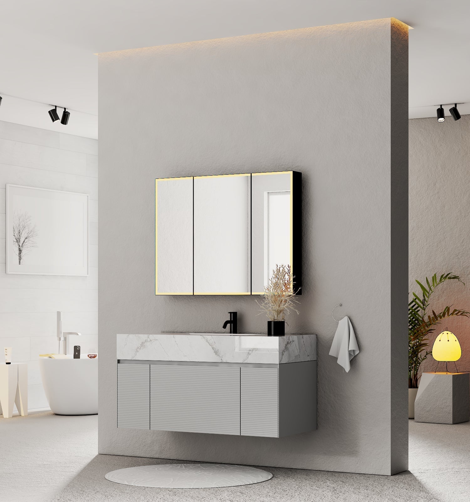 40''/48'' Stone Top with Light Gray Engineered Wood Floating Bathroom Vanity - Vanity48"x22" NeoNova Decor