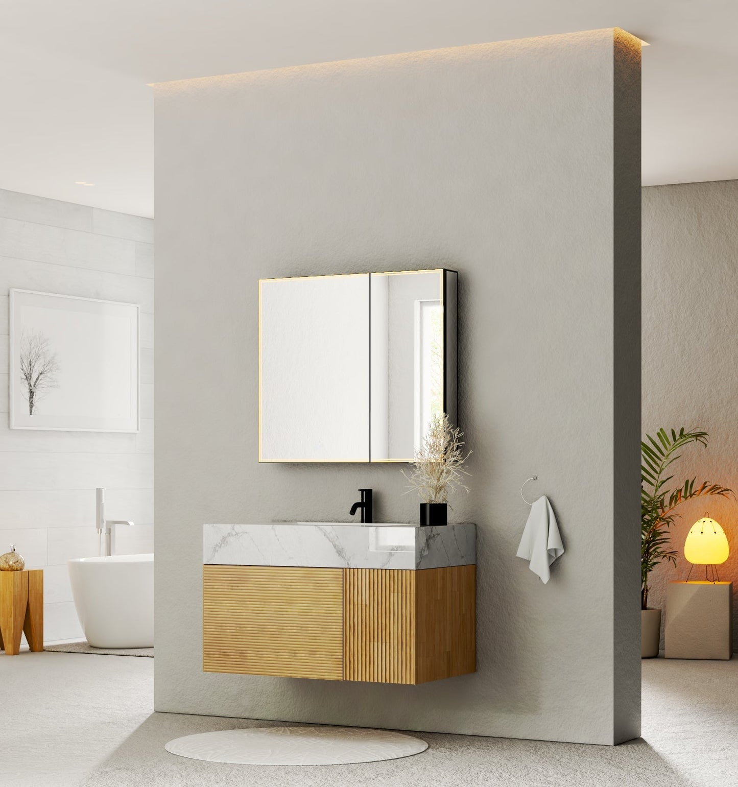40''/48'' Stone Top with Oak Engineered Wood Floating Bathroom Vanity - Vanity40"x 21.5" NeoNova Decor