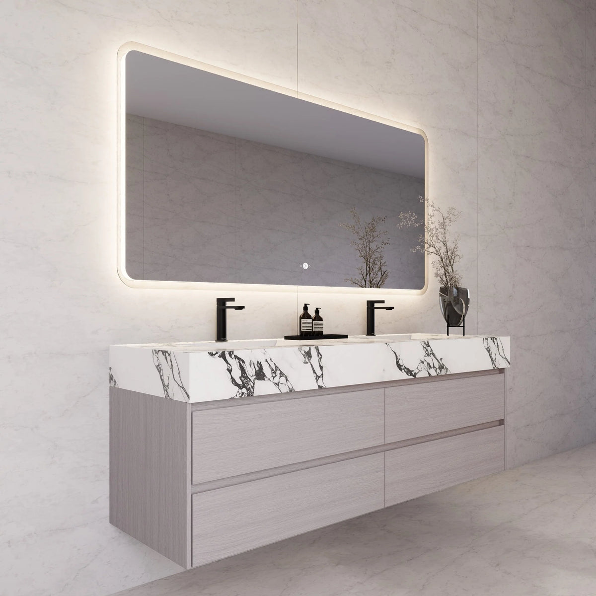 71"，60" Walnut Double Sink Sintered Stone Top with Elegant Floating Bathroom Vanity