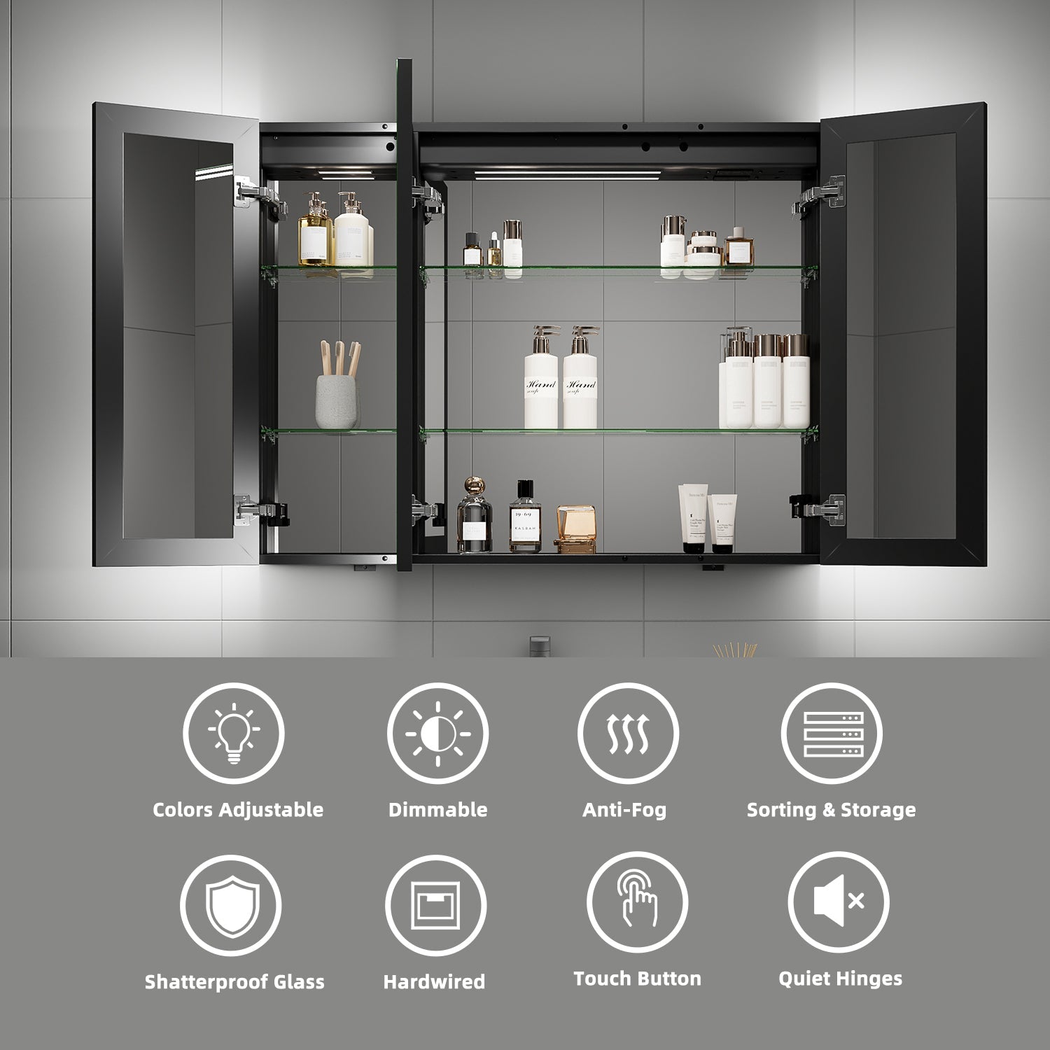 42"x32" Dimmable LED Medicine Cabinet – Solid Light Strip, 3 Doors, Anti - Fog, Recessed or Surface Mount - Medicine Cabinet NeoNova Decor