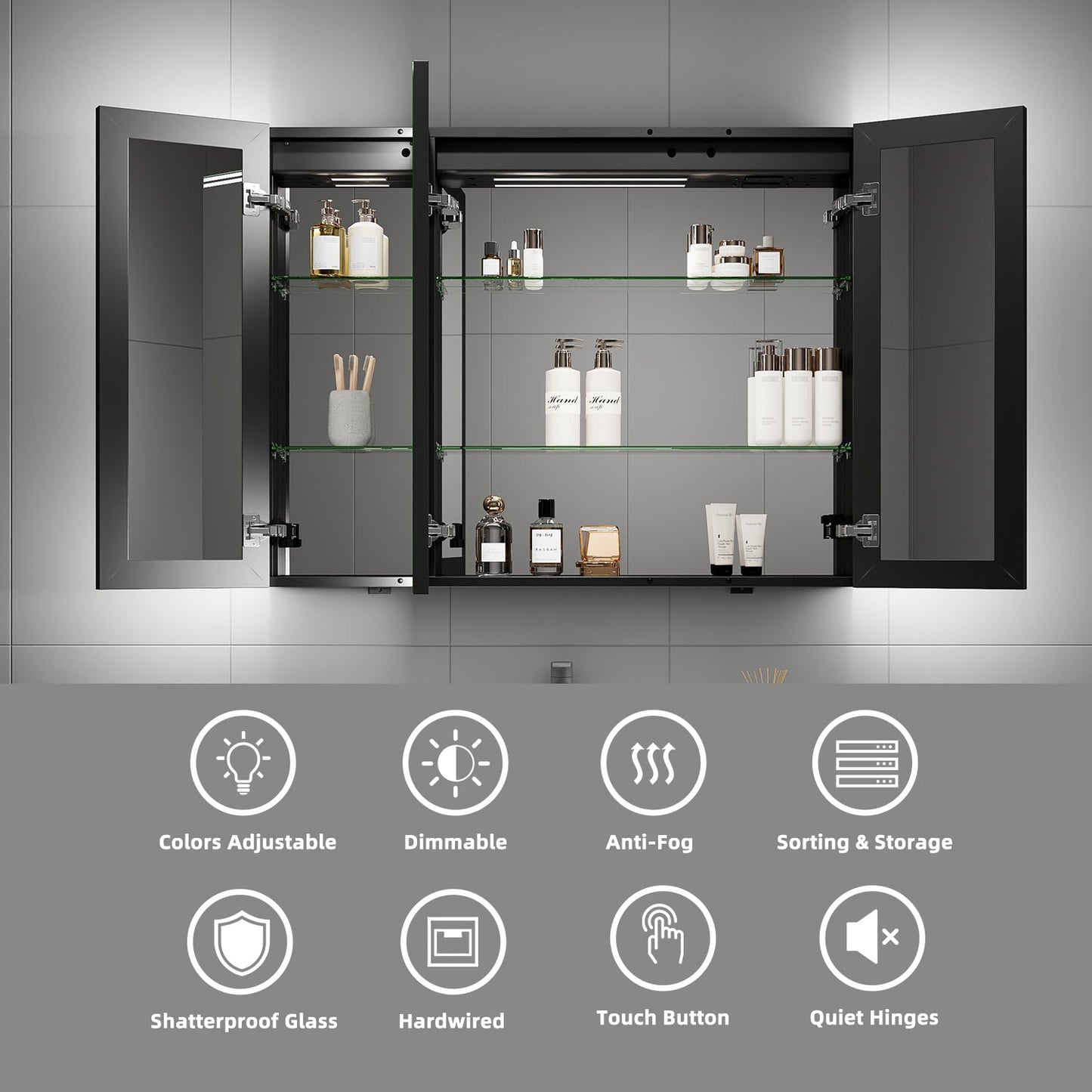 42"x32" LED Medicine Cabinet with Mirror – 3 Doors, Memory Function, Wall Recessed or Surface Mount - Medicine Cabinet NeoNova Decor
