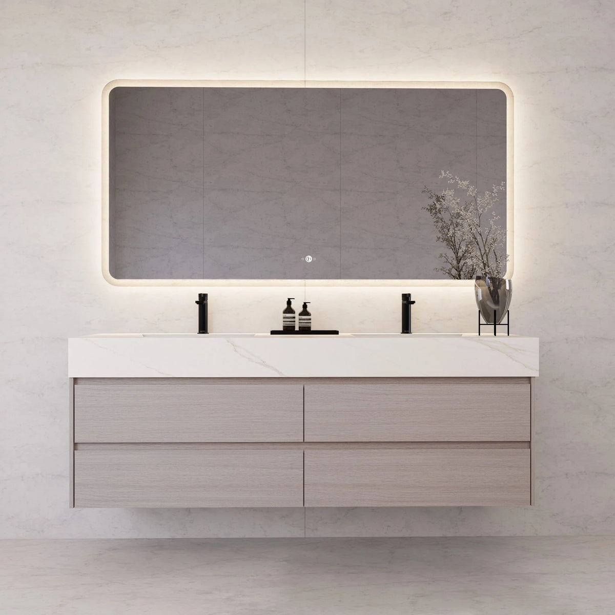 71"，60" Walnut Double Sink Sintered Stone Top with Elegant Floating Bathroom Vanity