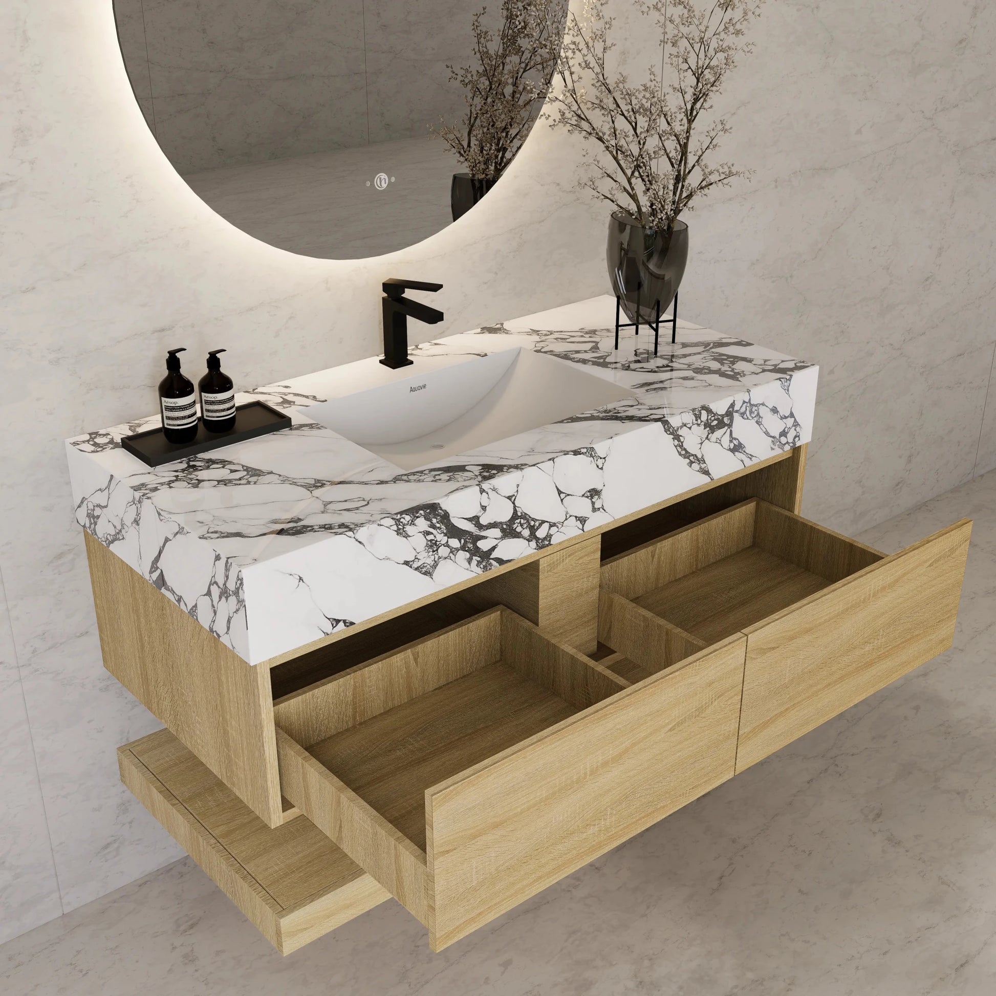 48"/ 60" Light Oak Open Shelf Floating Bathroom Vanity - Vanity48"