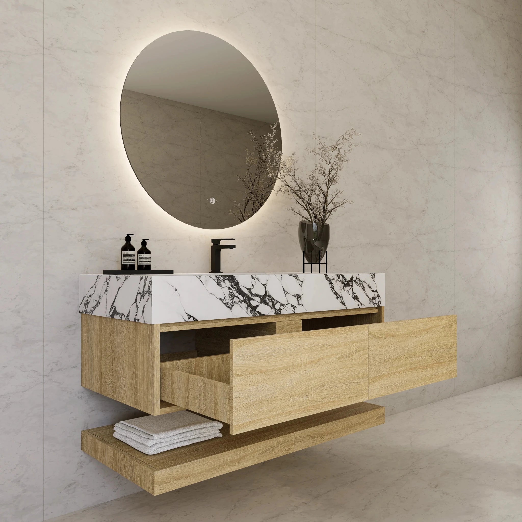 48"/ 60" Light Oak Open Shelf Floating Bathroom Vanity - Vanity48"