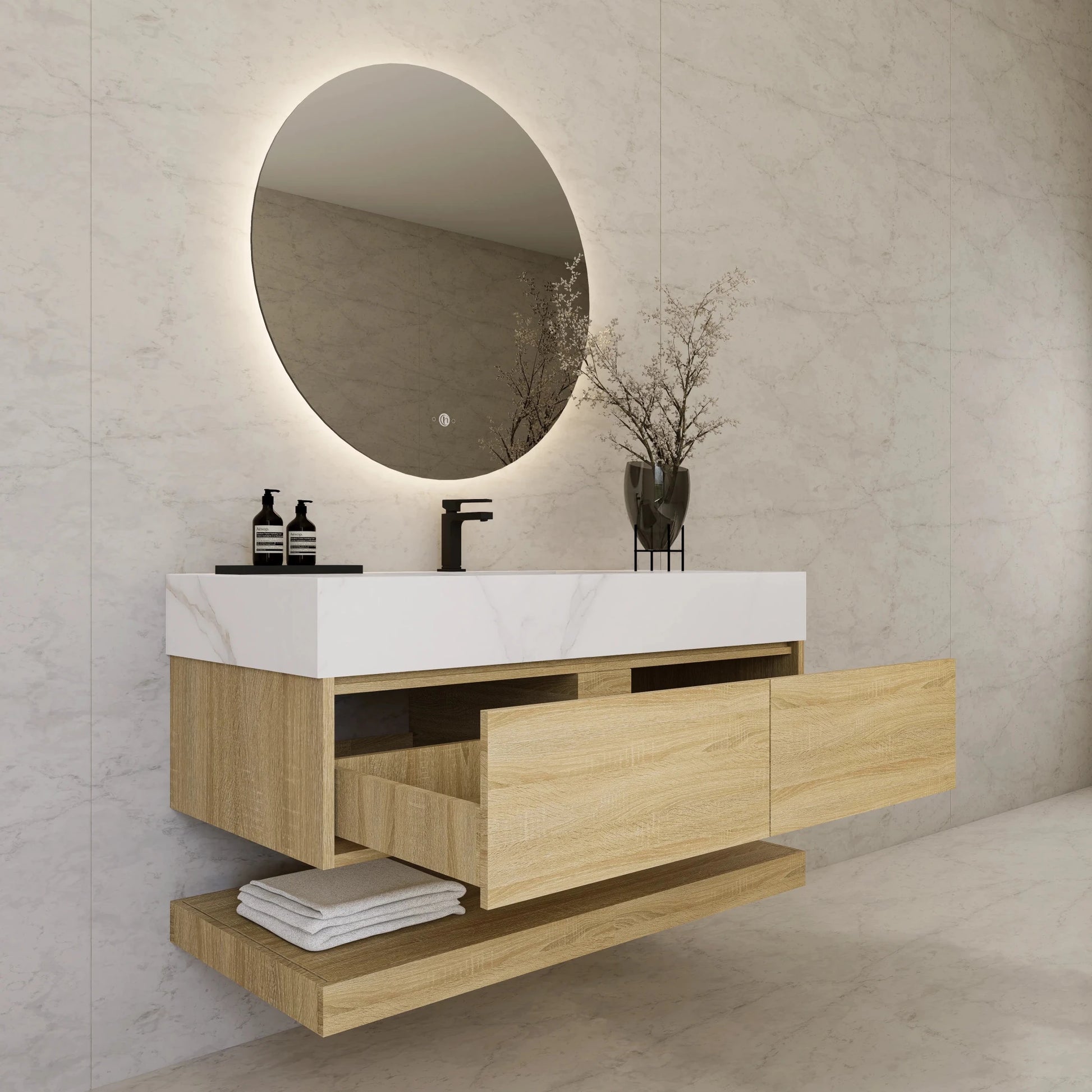 48"/ 60" Light Oak Open Shelf Floating Bathroom Vanity - Vanity48"