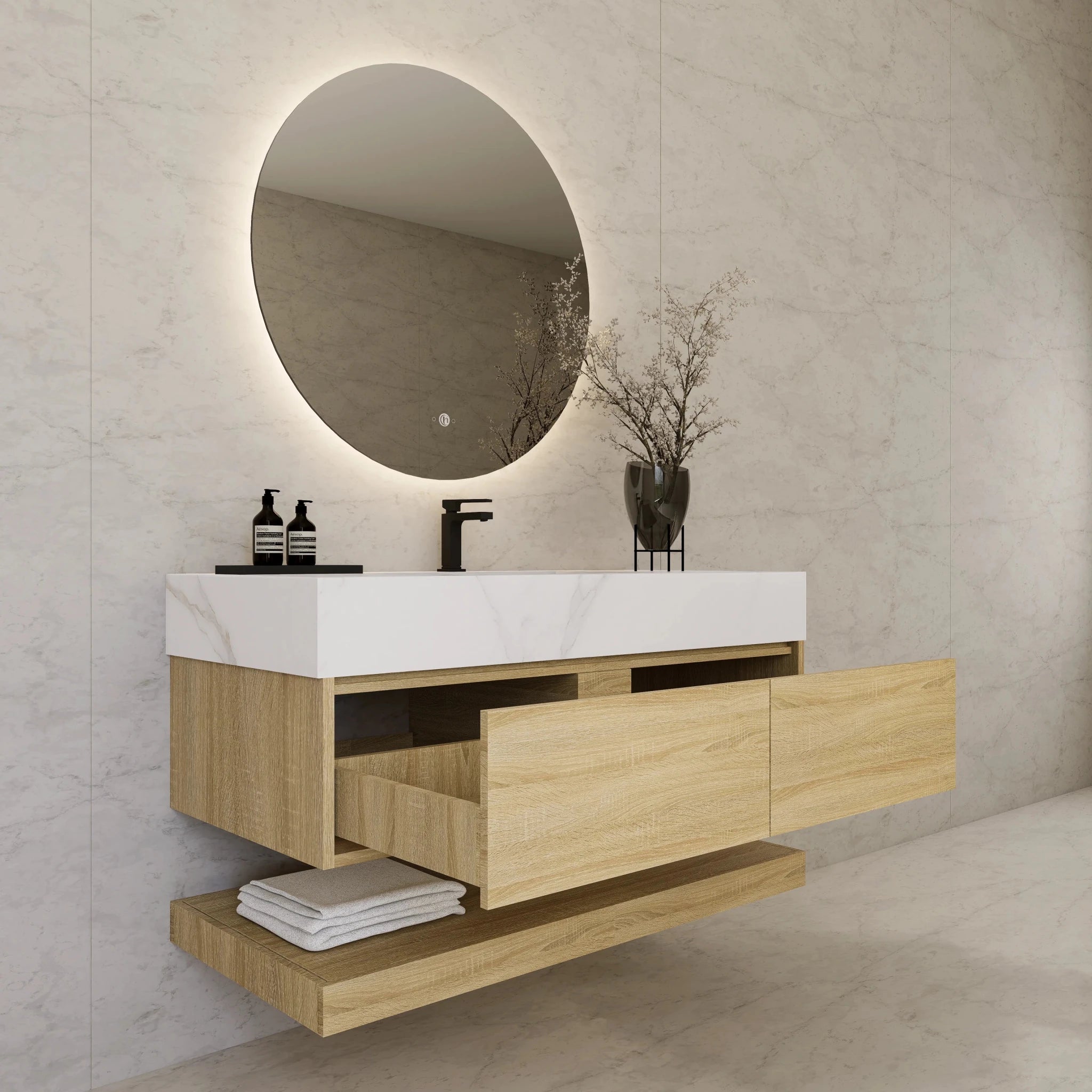 48"/ 60" Light Oak Open Shelf Floating Bathroom Vanity - Vanity48"