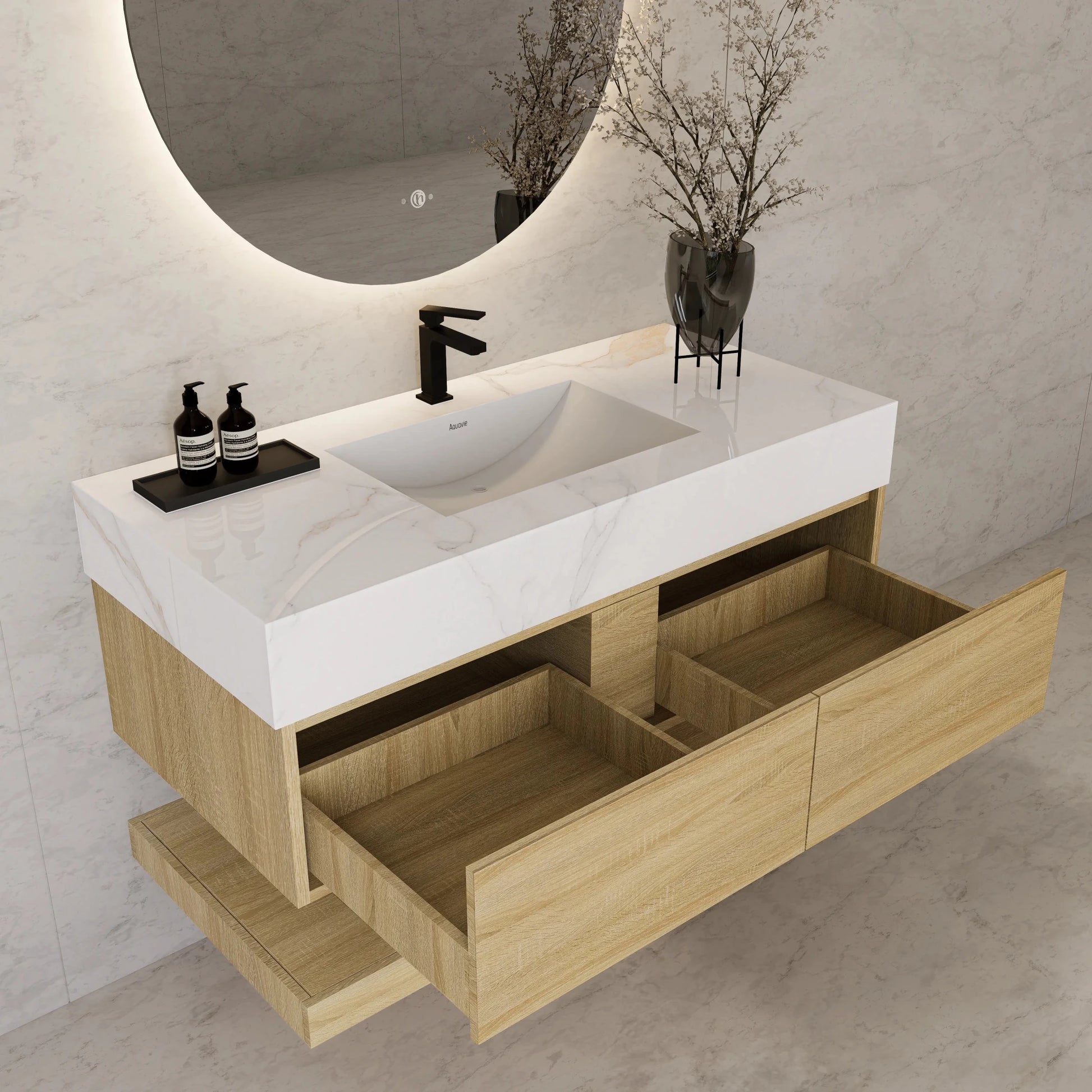 48"/ 60" Light Oak Open Shelf Floating Bathroom Vanity - Vanity48"