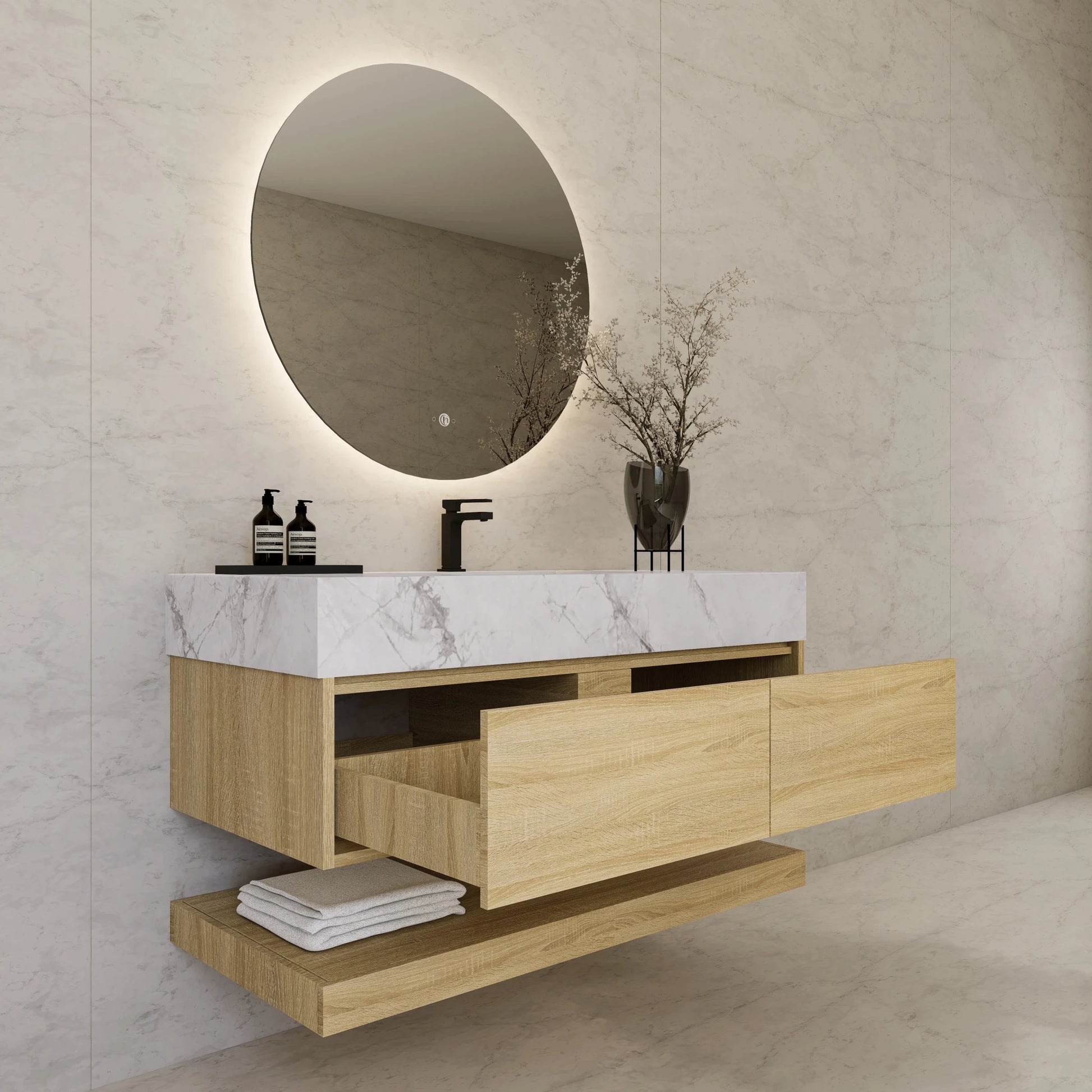 48"/ 60" Light Oak Open Shelf Floating Bathroom Vanity - Vanity48"