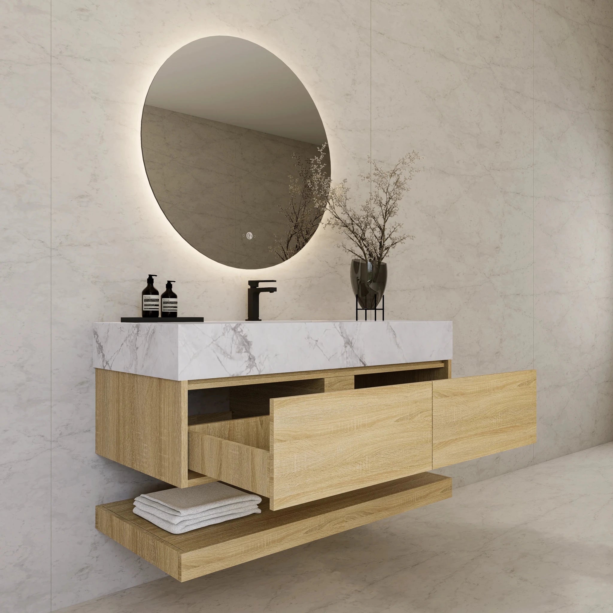 48"/ 60" Light Oak Open Shelf Floating Bathroom Vanity - Vanity48"