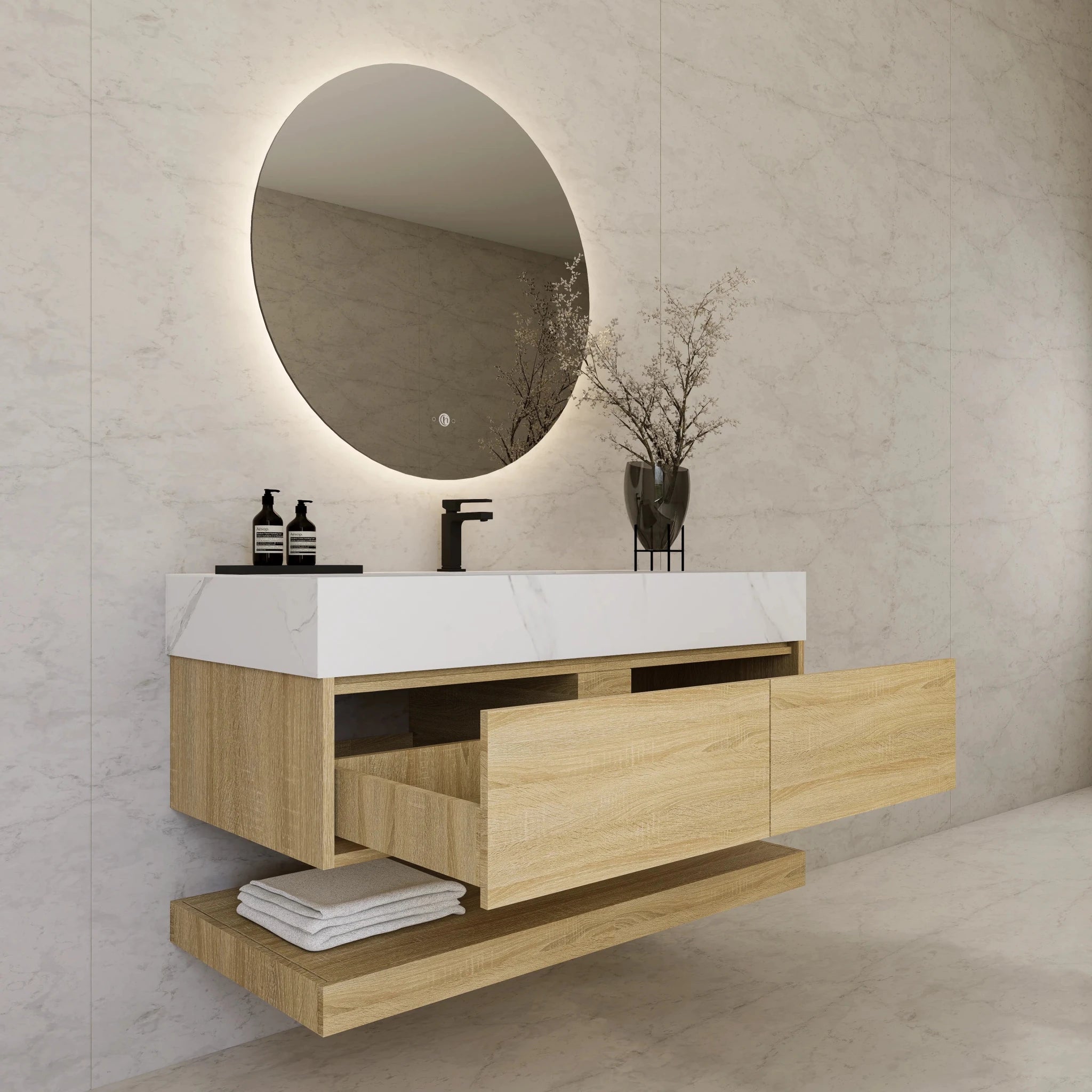 48"/ 60" Light Oak Open Shelf Floating Bathroom Vanity - Vanity48"