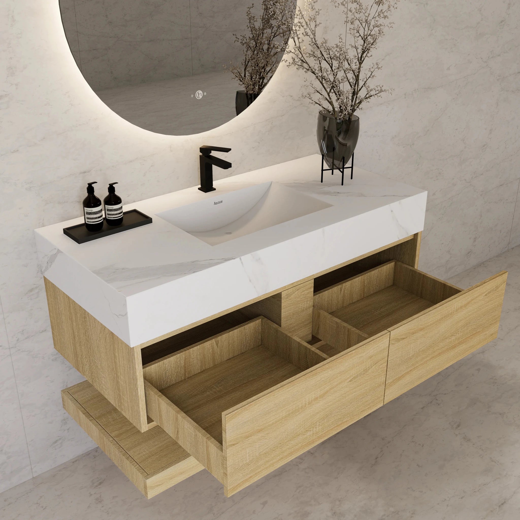 48"/ 60" Light Oak Open Shelf Floating Bathroom Vanity - Vanity48"