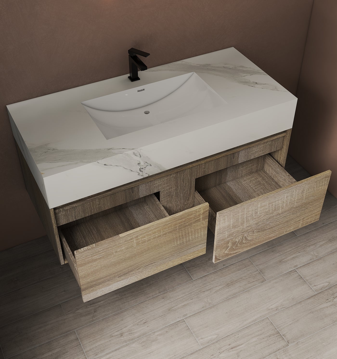 48", 60" Light Oak Sintered Stone Top with Double Drawer Floating Bathroom Vanity -Vanity48"