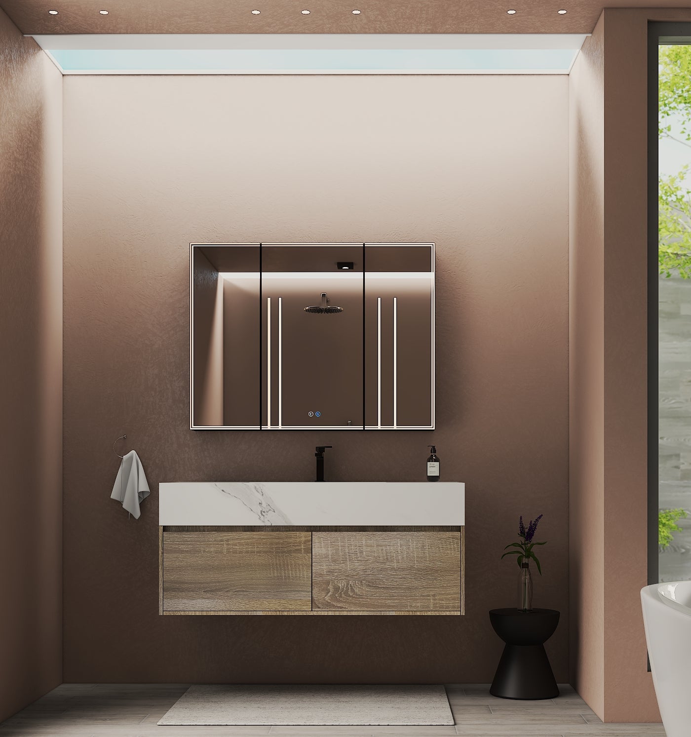 48", 60" Light Oak Sintered Stone Top with Double Drawer Floating Bathroom Vanity -Vanity48"
