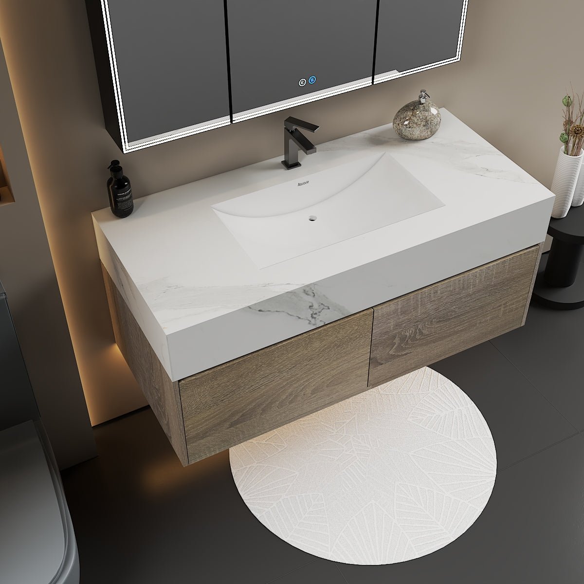 48", 60" Light Oak Sintered Stone Top with Double Drawer Floating Bathroom Vanity -Vanity48"