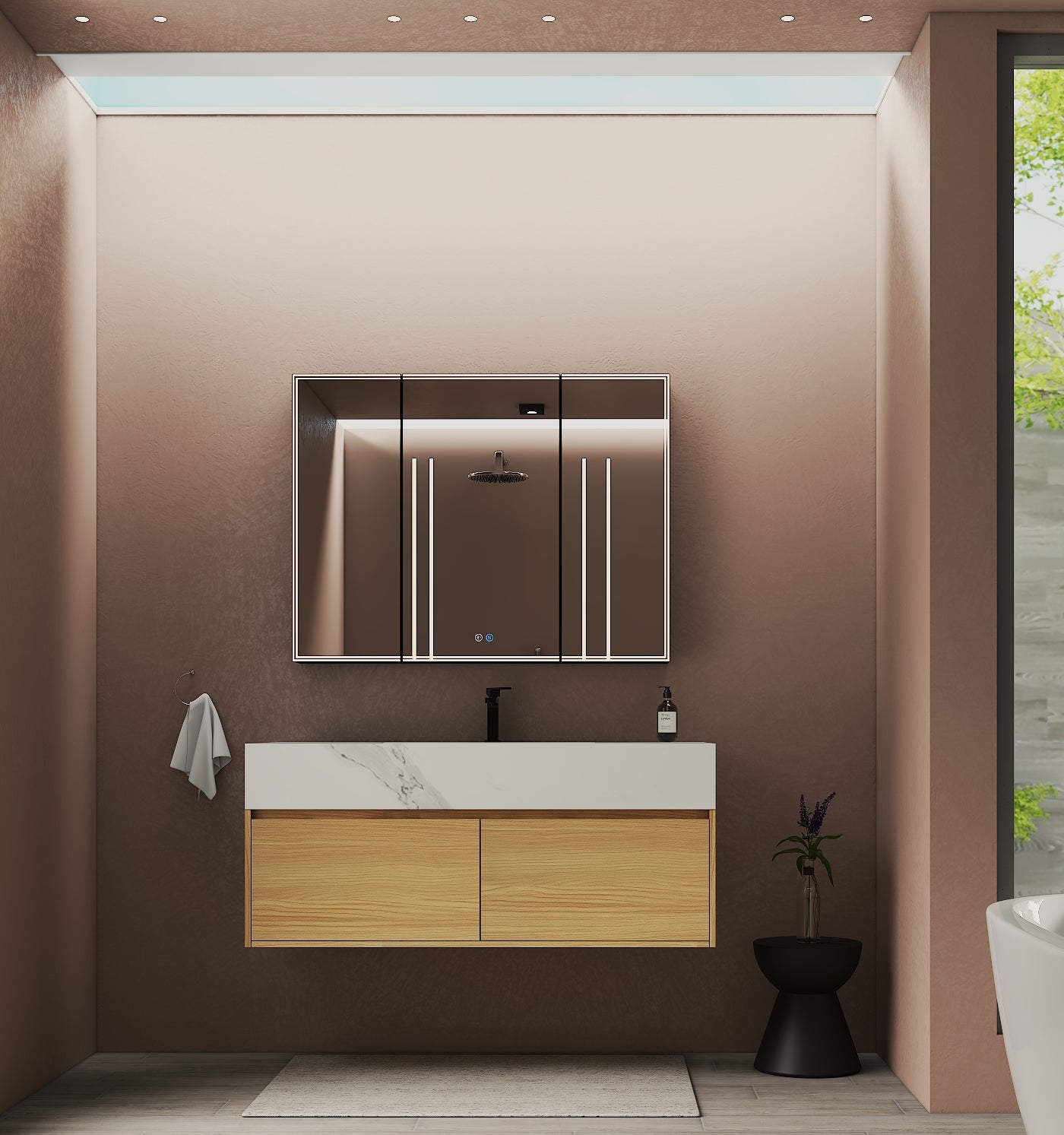 48", 60" Nature Oak Sintered Stone Top with Double Drawer Floating Bathroom Vanity -Vanity48"