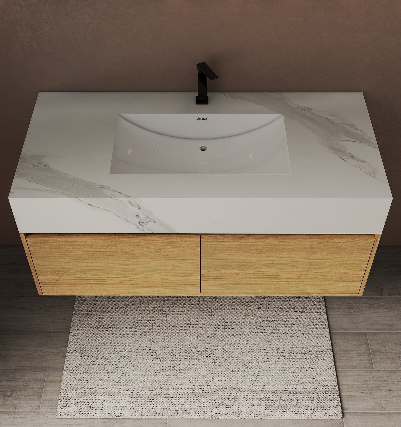 48", 60" Nature Oak Sintered Stone Top with Double Drawer Floating Bathroom Vanity -Vanity48"
