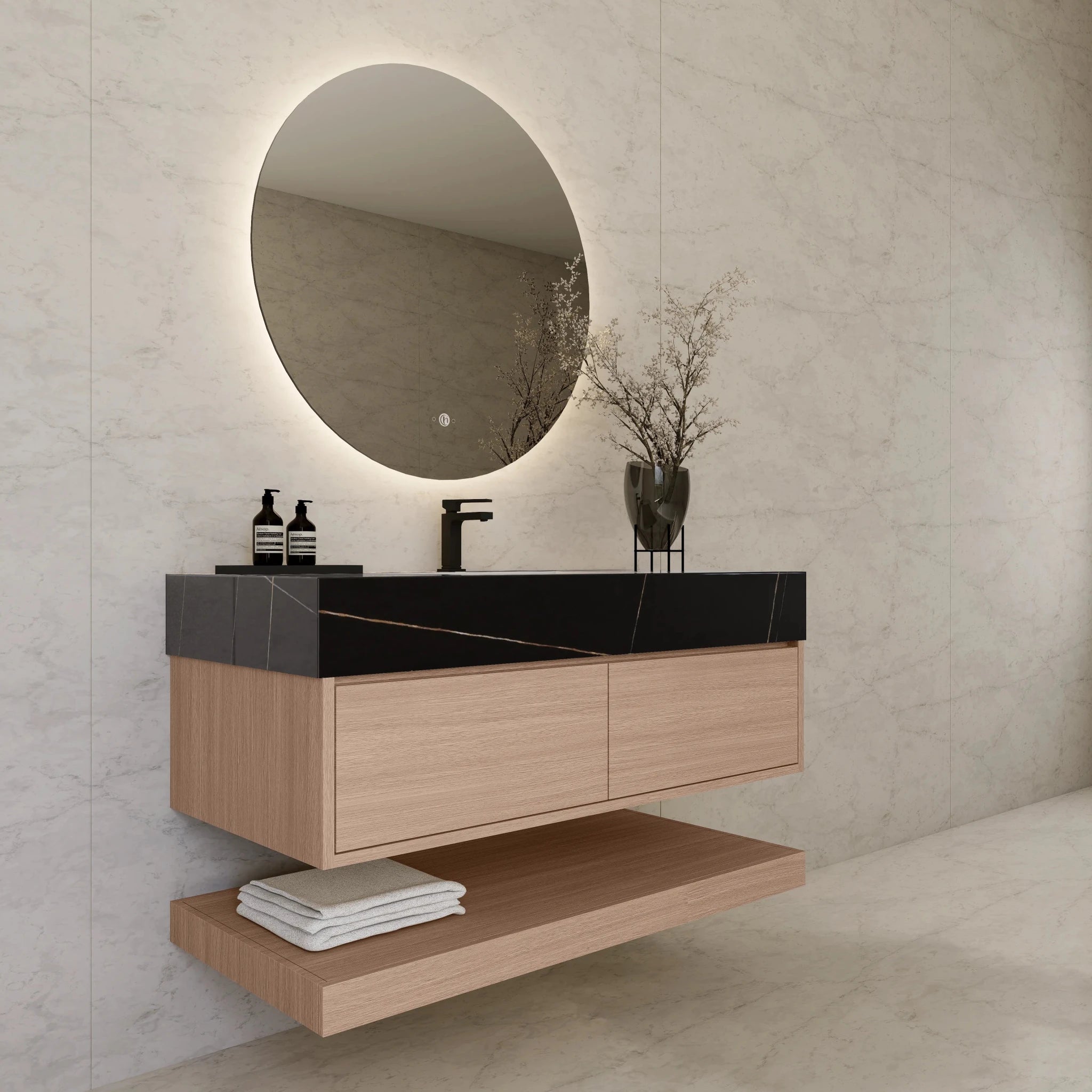 48"/ 60" Smoked Oak Open Shelf Floating Bathroom Vanity - Vanity48"