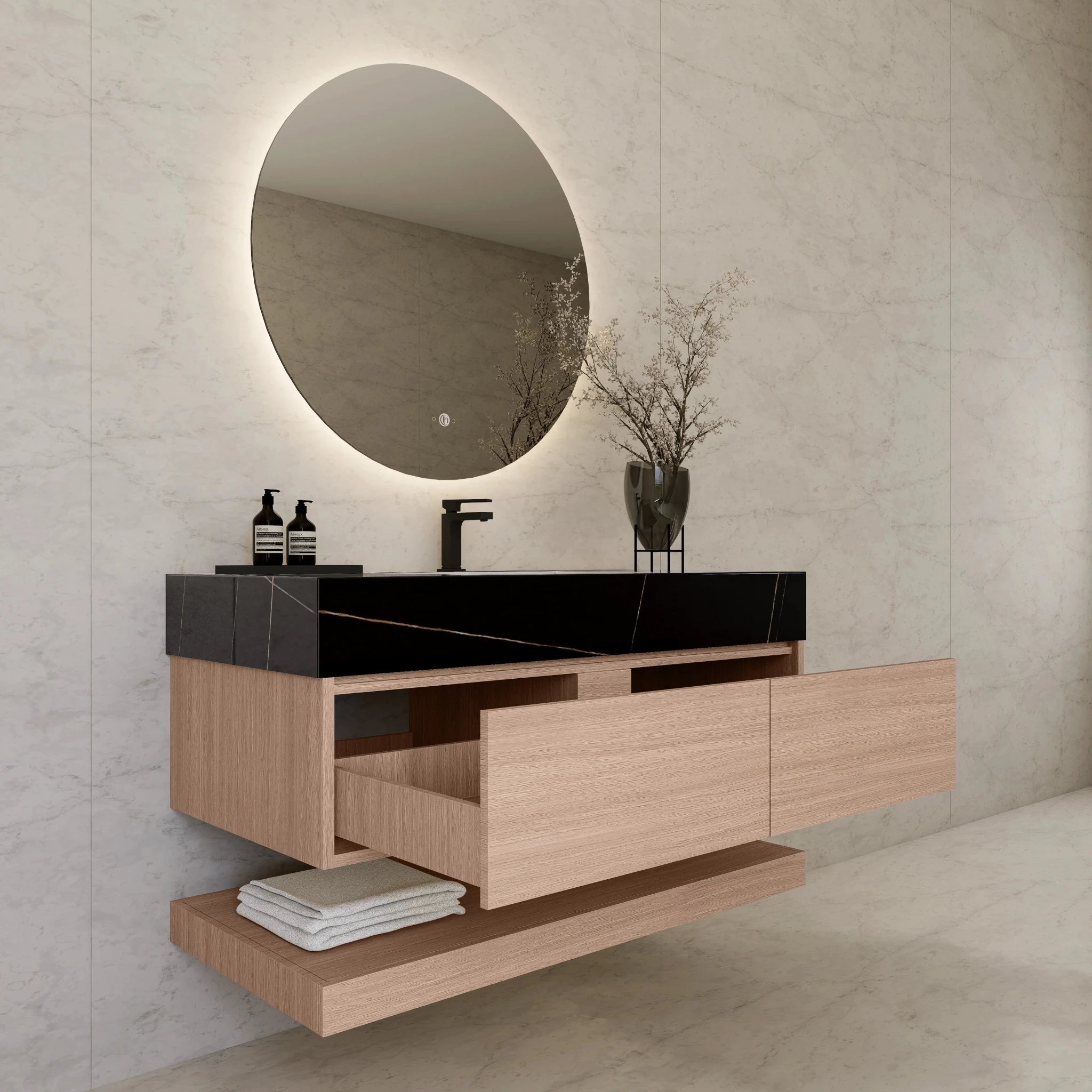 48"/ 60" Smoked Oak Open Shelf Floating Bathroom Vanity - Vanity48"