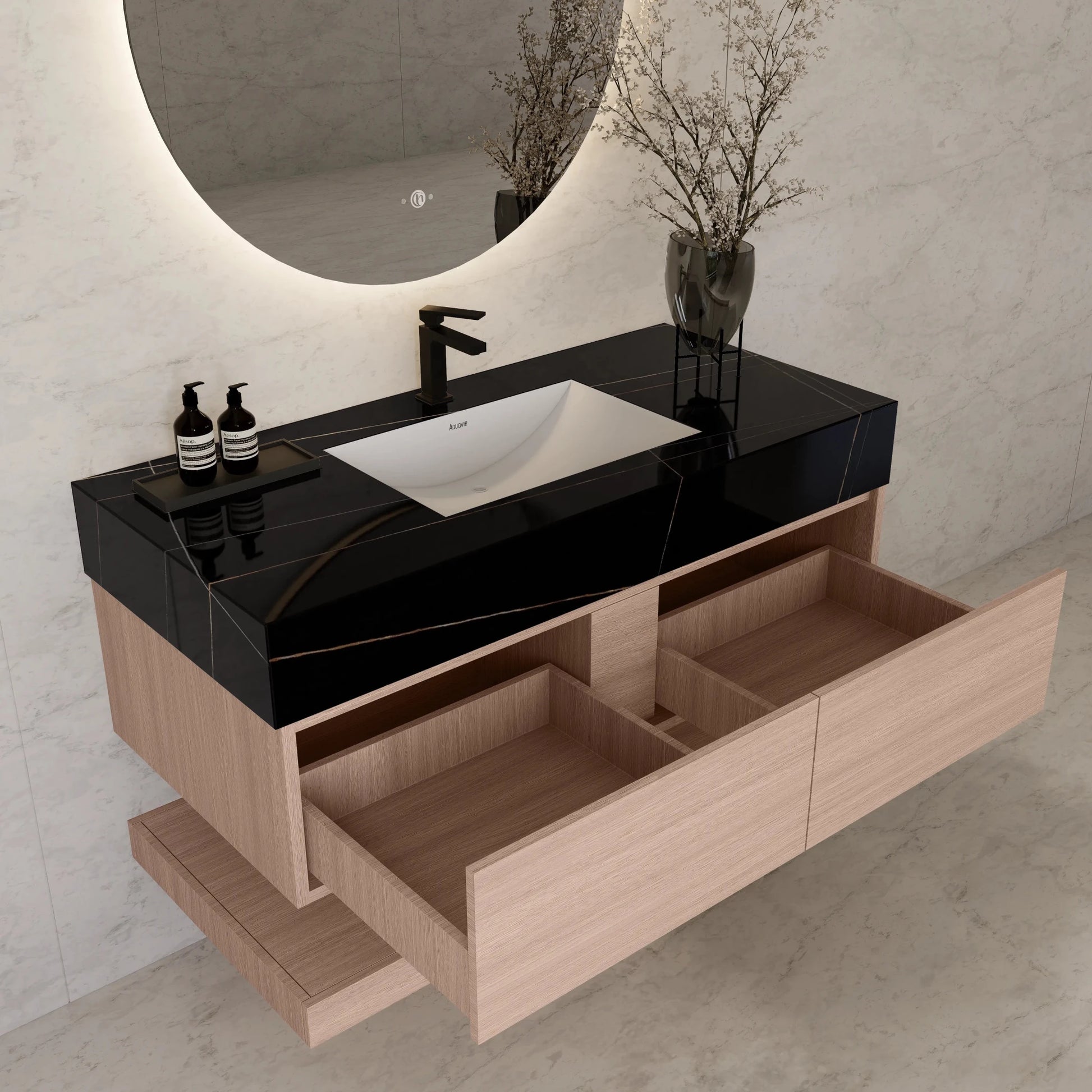 48"/ 60" Smoked Oak Open Shelf Floating Bathroom Vanity - Vanity48"