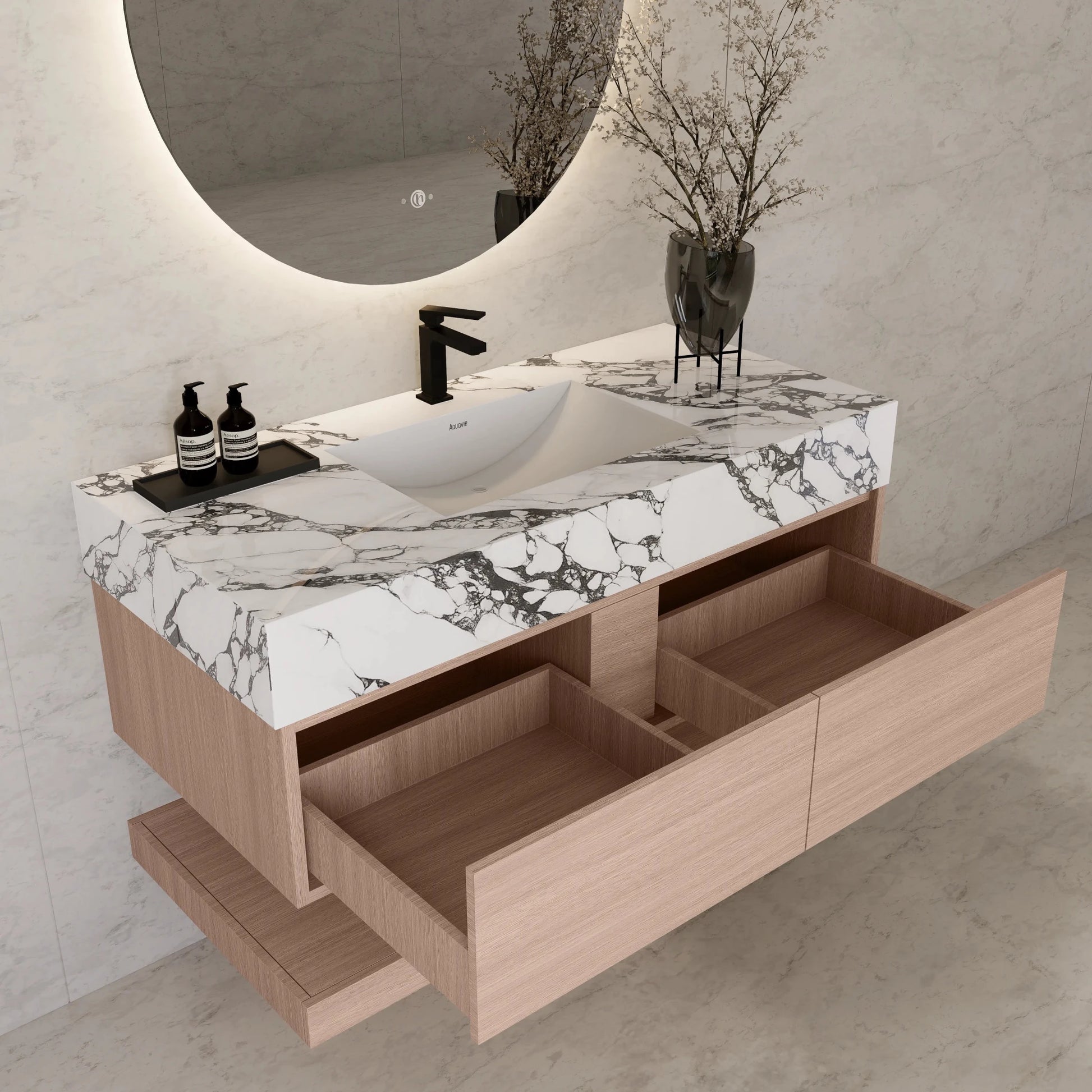 48"/ 60" Smoked Oak Open Shelf Floating Bathroom Vanity - Vanity48"