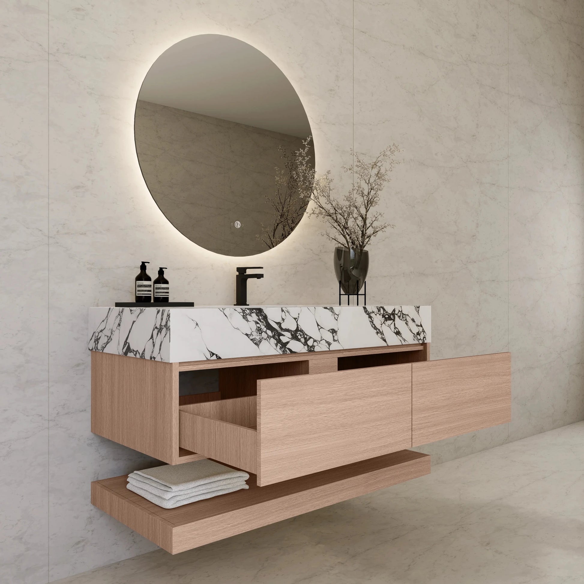 48"/ 60" Smoked Oak Open Shelf Floating Bathroom Vanity - Vanity48"
